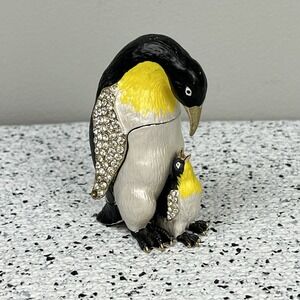 Rucinni Penguin Trinket Box Enameled Metal Rhinestone Hinged Collectible